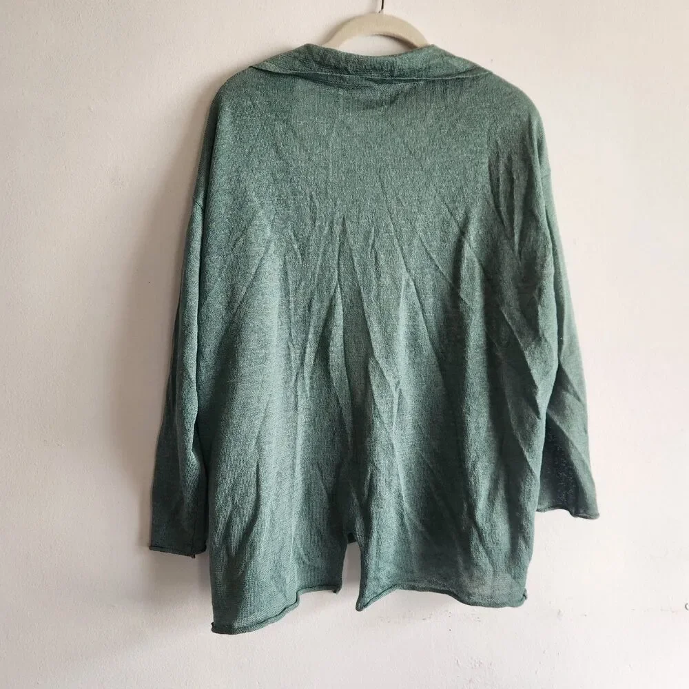 Free People Linen Blend Green Black striped two button cardigan sweater Size L